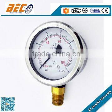 Suzhou BECO Y-60A stainless steel case vibration proof Liquid filled hydraulic pressure gauge