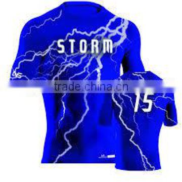 Poly/Spandex (Poly/Lycra) Blue with thunder storm print Half Sleeve Round Neck Sublimated Compression Shirt