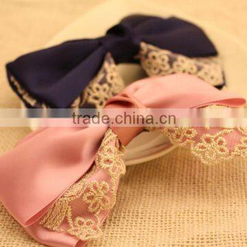 Large Three Layered Satin Ribbon Bow Clip,Gold Lace Bow Flower photo-5