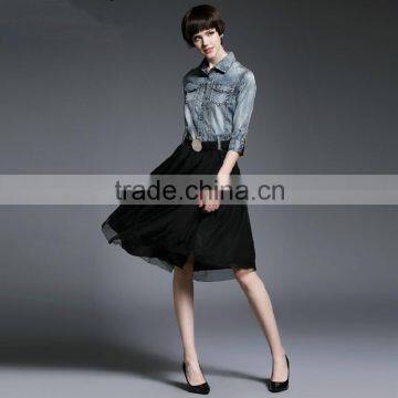 2015 New Design European Stylish Long Sleeve Denim Splicing Gauze Dress photo-3