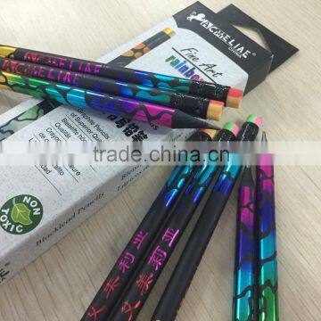 Standard size round shape black wood heat rolling rainbow laser HB pencil with rainbow eraser