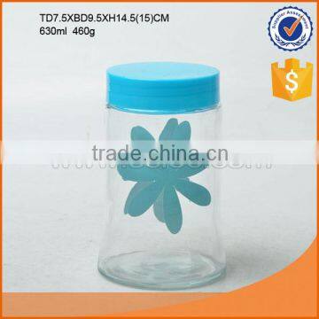 Cheap glass storage jar with decal & plastic screw lid