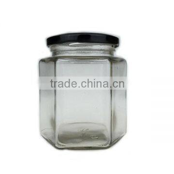 hexagon high white glass jar for jam factory price 380ml