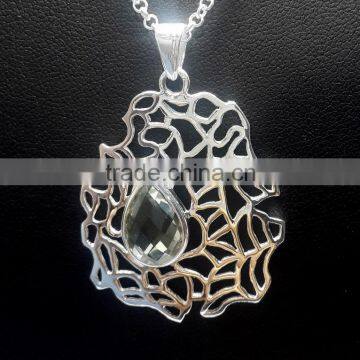 Green Amethyst Pear Facet Gemstone Pendant , 925 Solid Sterling Silver Pendant, Designer Jaali Bezel Pendant