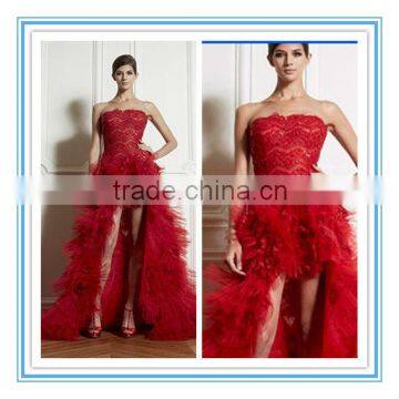 Fashion dresses Red Lace strapless girl evening dresses 2015(EVZU-1006)