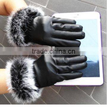 Fashion Women Black Faux Leather Touch Gloves Winter Warm Rabbit Fur Mittens