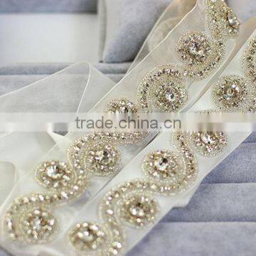 Wholesale diy bridal sash and belt Rhinestone trim applique patch silver WA016