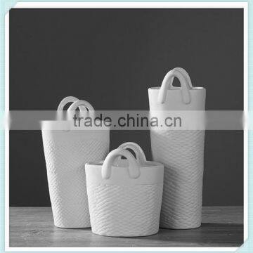 modern ceramic white simple vase with basket shape for home decoration