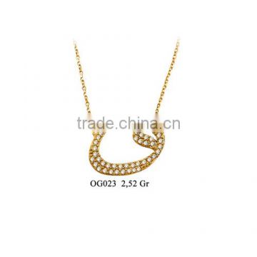 14K Solid Gold Vav Charm Islamic Zircon Necklace