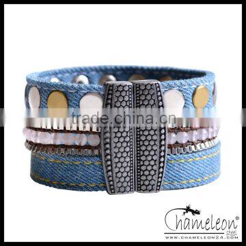 Chameleon Magnetic Lock Blue Jeans Fabric Band Button Bracelet