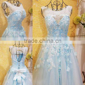 Free Shipping Real Sample Light Blue Beading Evening Dresses 2016 Crystal Flower Applique Open Back Bow Sash Party Gown ML183