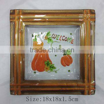 7" square hand painted pumpkin glass plate