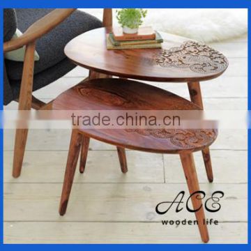 Vintage Solid Wooden Tea Table CNC Carved Pattern Nest End Table