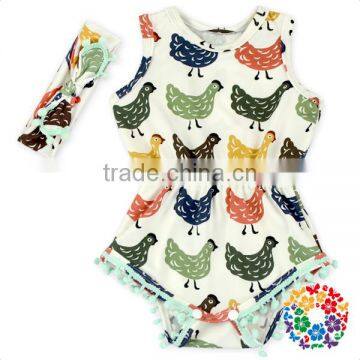 Hot Sale Baby Chicken Romper Childrens Rompers Kids Girls Pom Pom Romper Set With Match Knot Headband