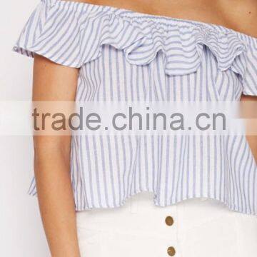 Summer Fashion Women Clothes Ruffle Cropped Tops off Shoulder Striped Tops photo-6