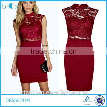 Sexy Party Burgundy Pencil Dress High Neck Lace Midi Dress