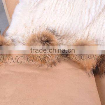 CX-D-108 Hand Knitted Super Cream Real Rex Rabbit Fur Throw Blanket photo-5
