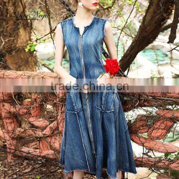 Maxnegio Midi Denim Sleeveless Design Jeans Dress photo-2