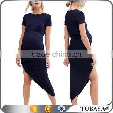 Club Lounge Pregnancy Rib Drape Front Short Sleeve maternity Asymmetric long Dress