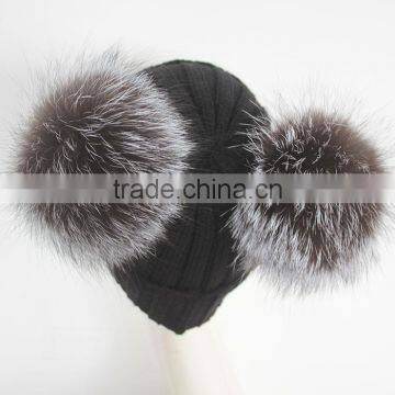 Myfur Black Double Silver Fox Fur Pom Puff Knitted Funny Cute Beanie Hats photo-3
