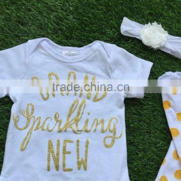 Baby Girls Boutique Clothing Infant Girl Kids Clothes White Gold Dot Brand Romper With Matching Headband and Legwarmer Set photo-3