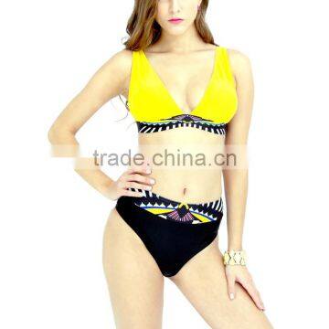 Nylon Bikini flexible backless two piece padded printed patchwork yellow Sold By Set