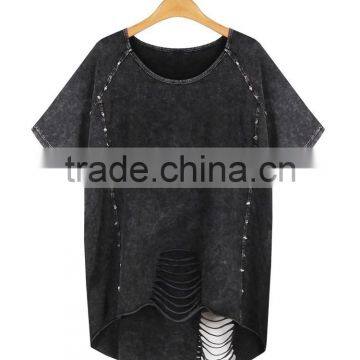 Women's hollowed-out short sleeve washed vintage 100% cotton t shirt with rivets