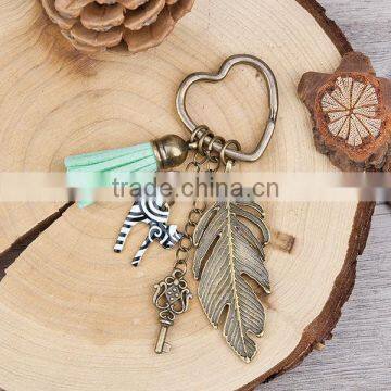 New Fashion Heart Antique Bronze Feather Cat Key Pendants With Velvet Suede Mint Green Tassel Vintage Key Chains Key Rings