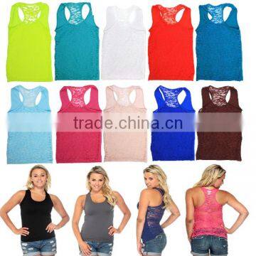 Women's Racerback Ribbed Tank Top Lace Back Basic Cami Solid Seamless Tee Shirt
