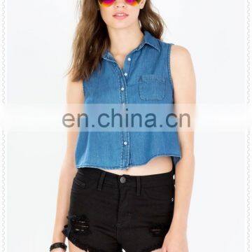 Woman Fashion Single Chest Pocket Cropped Denim Sexy Cotton Shirt photo-2