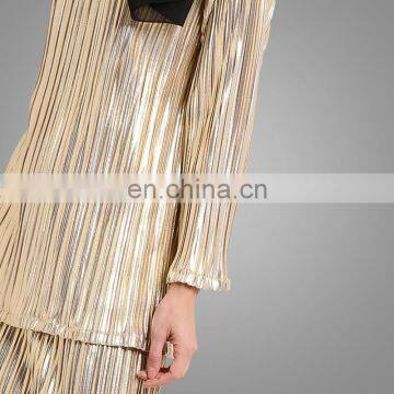 Designer Light Gold Baju Kurung Fashion Pleats Material Women Suits Malaysia Style Dress photo-5