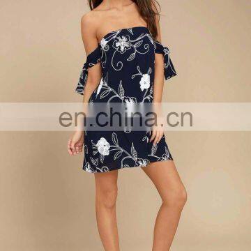 Navy Blue Embroidered off the Shoulder Beautiful Lady One-piece Dress photo-3