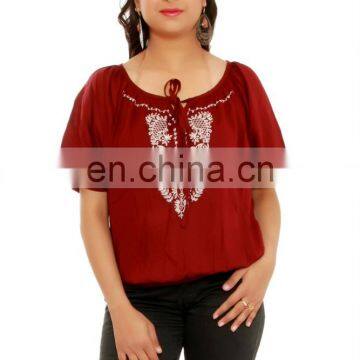 Solid mahroon colored Hip Length 3/4th Sleeves 100% viscose western lady top