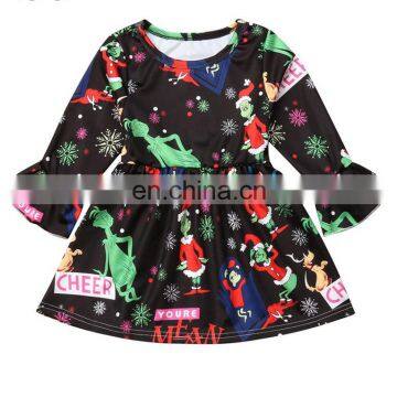 Brand New Toddler Kids Baby Girls Christmas Dress Flare Sleeve Colorful Cartoon Print Knee-Length Autumn Dress Outfit 2-6Y