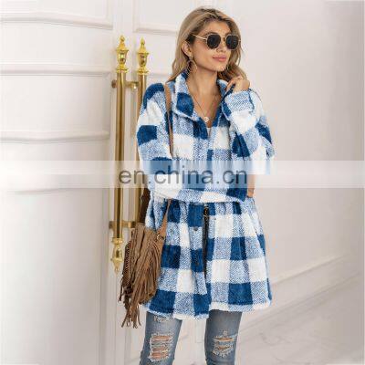 2021 Autumn and Winter New European and American Women's Amazon Plush Plaid Long Coat Plush Coat photo-5