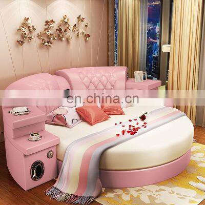 Pink color 2.2m bedroom furniture modern style leather massage adult round bed frame with mattress