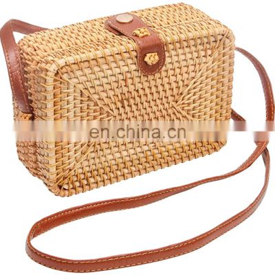 Rectangle Rattan Bag Brown Handwoven Best Price from Vietnam/Wholesale Handicraft Tote Rattan Straw Handbag Crossbody Bag