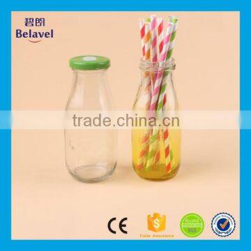 High quality glass juice bottle glass milk bottles with metal lids straw