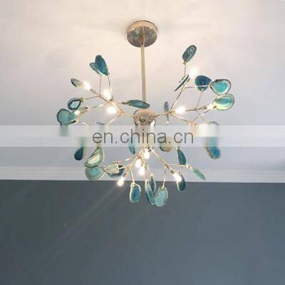 Natural Agate Leaves Chandelier Hanging Light Creative Foyer Globe Colored LED Pendant Lighting