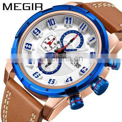 MEGIR 2082 Watch Men Fashion Leather Waterproof Mens Watches Casual Military Chronograph Watch Wrist Clock Montre Homme