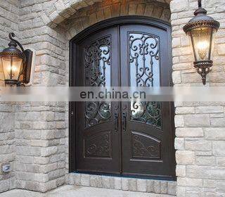 Luxury Security Steel Entry Double Decorative Glass Modern French Arched Eyebrow Top Design Exterior Wrought Iron Doors for Sale photo-3