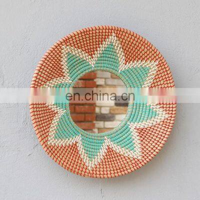 Flower Pattern Custom Color Seagrass Boho Mirror With Plastic String Wall Mirror Decor Art Decor Manufacturer Vietnam Supplier photo-3