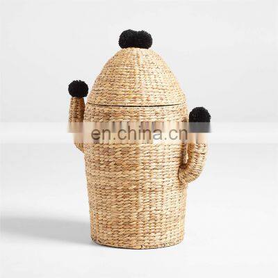 Best Price Water Hyacinth Pompom Cactus Hamper Home Decoration Clothes Wicker Basket Iron Frame Best Price Wholesale photo-5