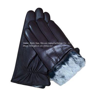 Custom Men Black Winter Warm Waterproof Fashion Sheepskin Leather Gloves With Rabbit Fur Lining photo-3