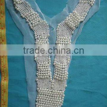 HAND MADE APPLIQUE VNECK, BLG-081003-1, BEIGE PLASTIC PEARL Fabric Applique, VNeck, Vneck motif, Plastic Pearl Bead