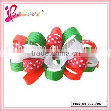 2014 Hot sale no fade colourful handmade frizzy dot ribbon christmas hair barrette (SHS--008)