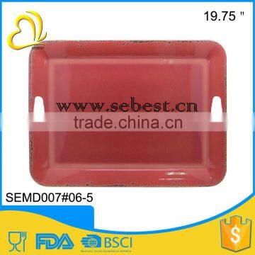 Hot sale 19.75" red rectangle color large plastic handle trays with rustic design