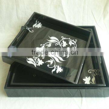 Set of two black and white square lacquered tray TK Vietnam