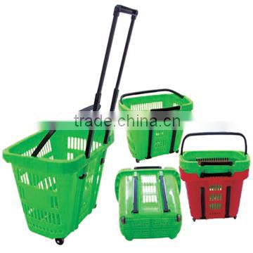 Supermarket plastic rolling shopping basket with wheels