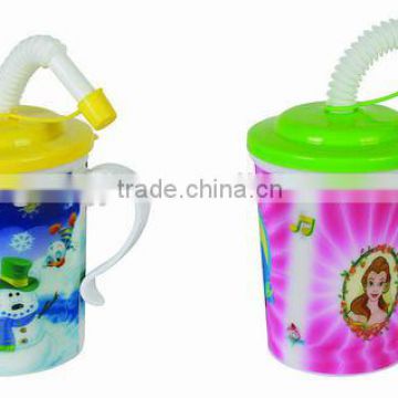 350ml lenticular plastic cup with handle and straw for kids